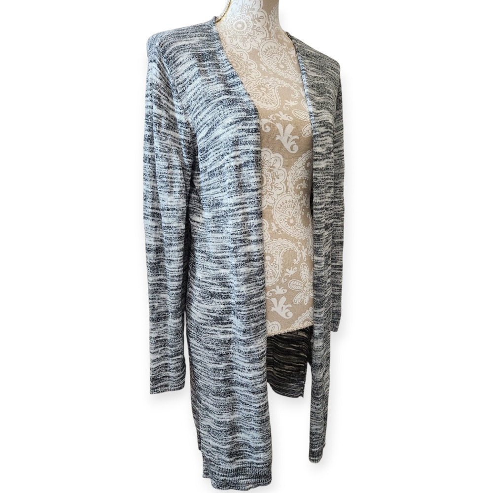 Chico's Open Front Marles Black/White/Gray Wool Blend Duster Cardigan Size Large